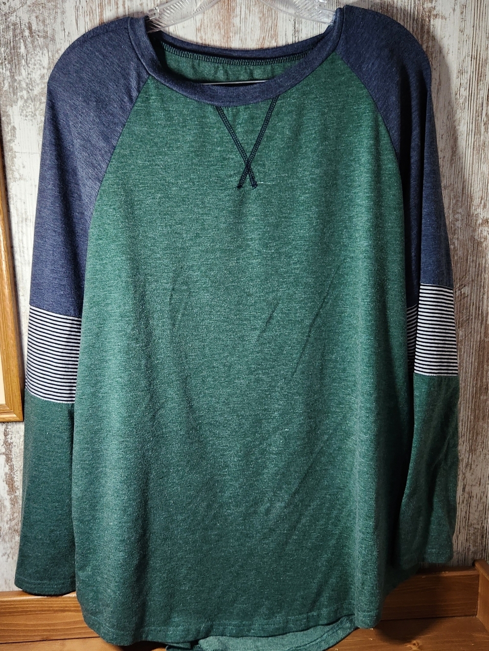 Green Heather Raglan Long Sleeve Tee with Navy Striped Sleeves Soft